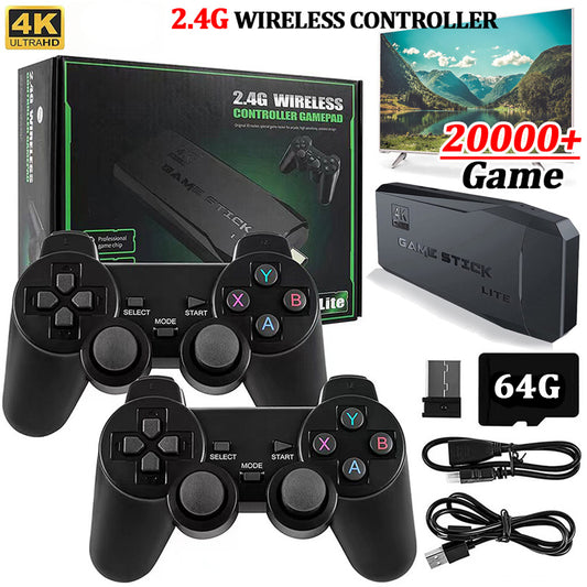 Game Stick 4K Linux OS TV Console de jeux vidéo intégrée 10000+ Jeux Poignée double sans fil 2.4G 64GB Jeux 3D pour PS1 SFC