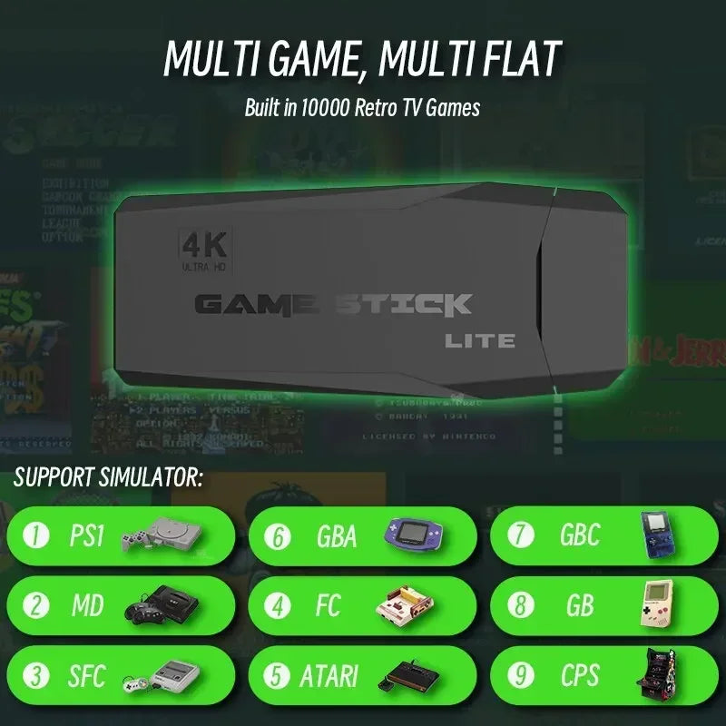 Game Stick 4K Linux OS TV Console de jeux vidéo intégrée 10000+ Jeux Poignée double sans fil 2.4G 64GB Jeux 3D pour PS1 SFC